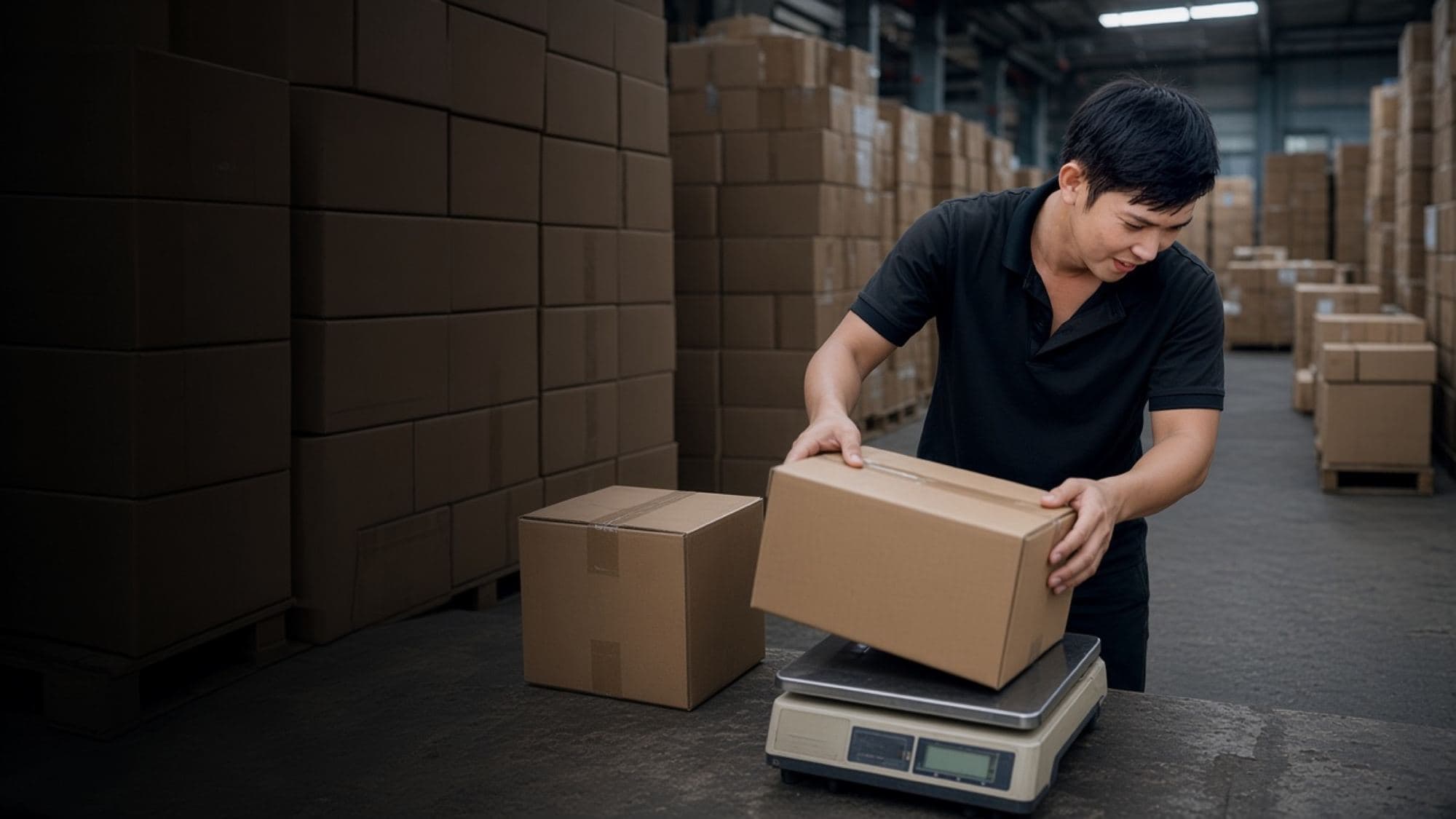 A warehouse worker weighing a carton on a platform scale